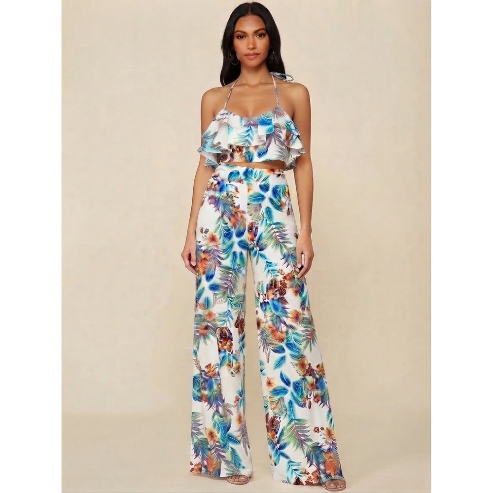 Pia Colors Women Two Piece Set S White Tropical Floral Halter Top Wide Leg Pants